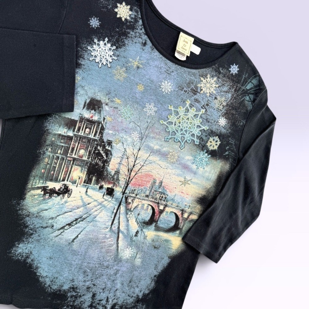 Jess & Jane Top‎ Women L Black Paris In Winter Snowflake Rhinestone Art Tee